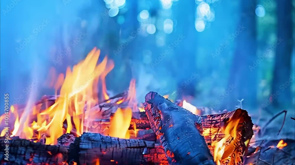 A vibrant campfire with bright flames and smoke surrounded by trees in a forest setting. A vibrant campfire with bright flames and smoke surrounded by trees in a forest setting.