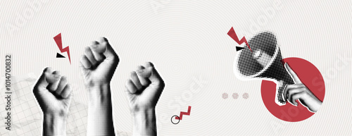 Trendy Halftone Collage Raised Fist up and hand with megaphone. Demonstration of protest. Fight for your rights. Power sign. Success and strength. Magazine style. Contemporary vector art illustration