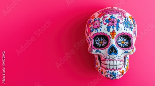 Traditional Calavera (Sugar Skull) for Dia de Los Muertos (Day of the dead), pink backdrop, copy space. Generative AI