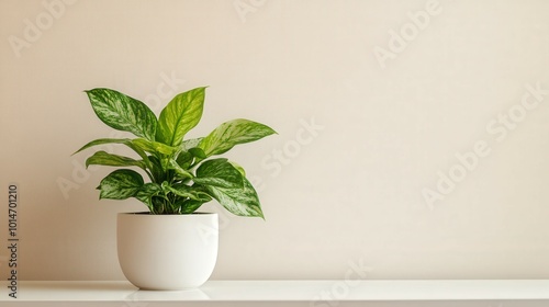 Indoor potted plant on a shelf with a light-colored wall background