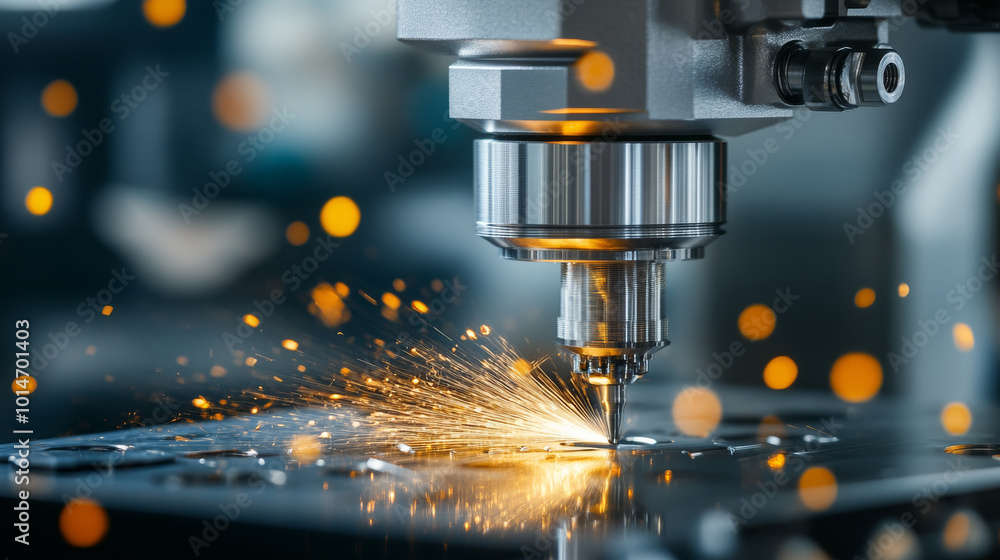 High precision laser cutting machine in action, creating sparks as it processes metal sheets. scene captures intricate details of industrial technology and craftsmanship High precision laser cutting machine in action, creating sparks as it processes metal sheets. scene captures intricate details of industrial technology and craftsmanship