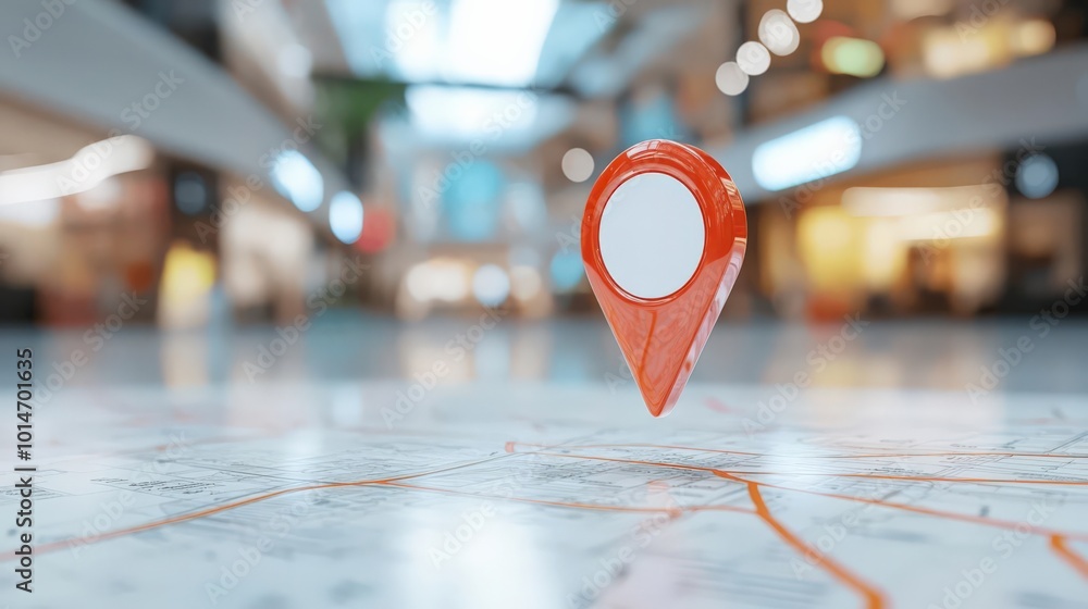 Fototapeta premium Red location marker placed on a digital map of a shopping mall floor plan, representing indoor navigation, shopping map marker, retail tech