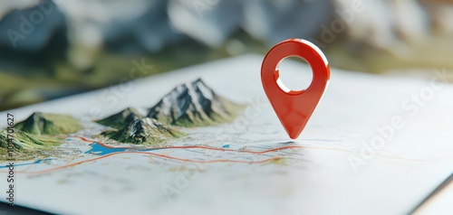 Glossy red location marker hovering above a folded paper map with mountains and rivers in view, red marker, nature and navigation photo