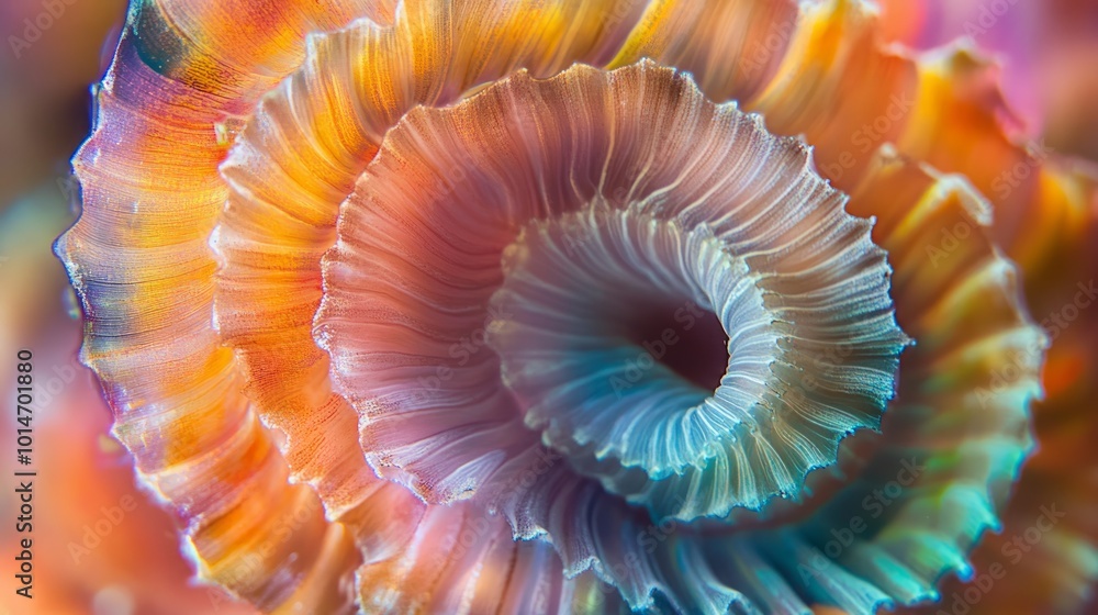 A close-up of a colorful, spiral-shaped sea anemone with intricate textures and vibrant hues.