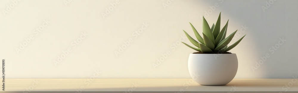 Green succulent in a white pot on a wooden shelf Green succulent in a white pot on a wooden shelf