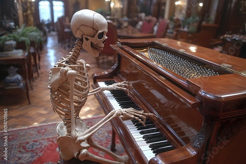 Haunting Melodies A Skeletal Pianist in Ethereal Splendor photo