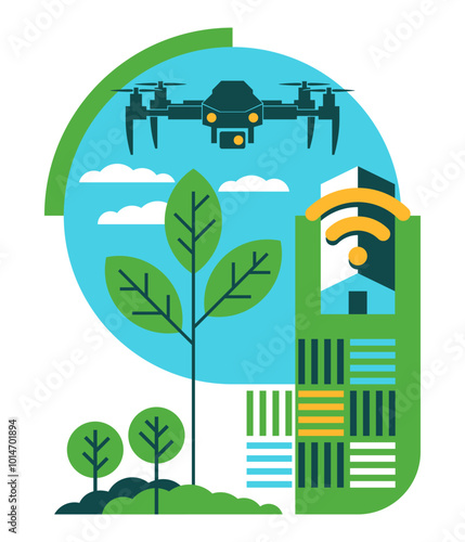 Smart Farming, using drones - isometric design