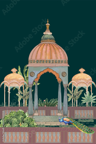 Indian Mughal Garden with temple, peacock, flower plants, illustration for invitation