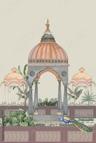Obraz na plátně Vintage mughal garden with temple, peacock, flower plants, illustration for invi