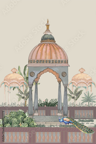 Vintage mughal garden with temple, peacock, flower plants, illustration for invitation