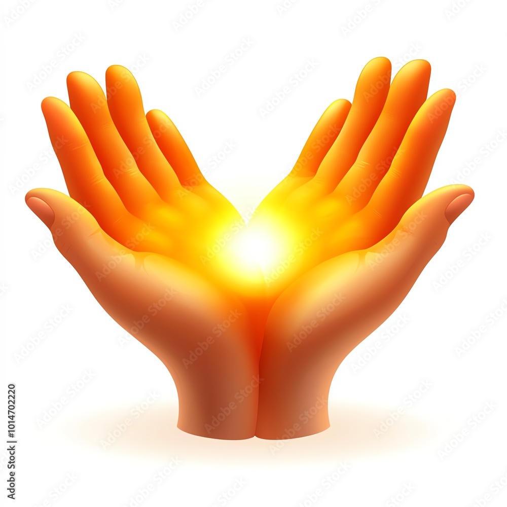 Fototapeta premium Two open hands holding a glowing light, symbolizing hope and unity, white isolated background.