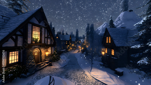 Charming winter wonderland village scene glowing softly under a starry night sky. Cozy ambiance concept