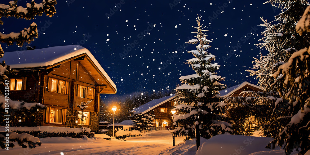 Peaceful winter village scene featuring warm lights and soft snowfall under a starlit night sky. Cozy ambiance concept Peaceful winter village scene featuring warm lights and soft snowfall under a starlit night sky. Cozy ambiance concept
