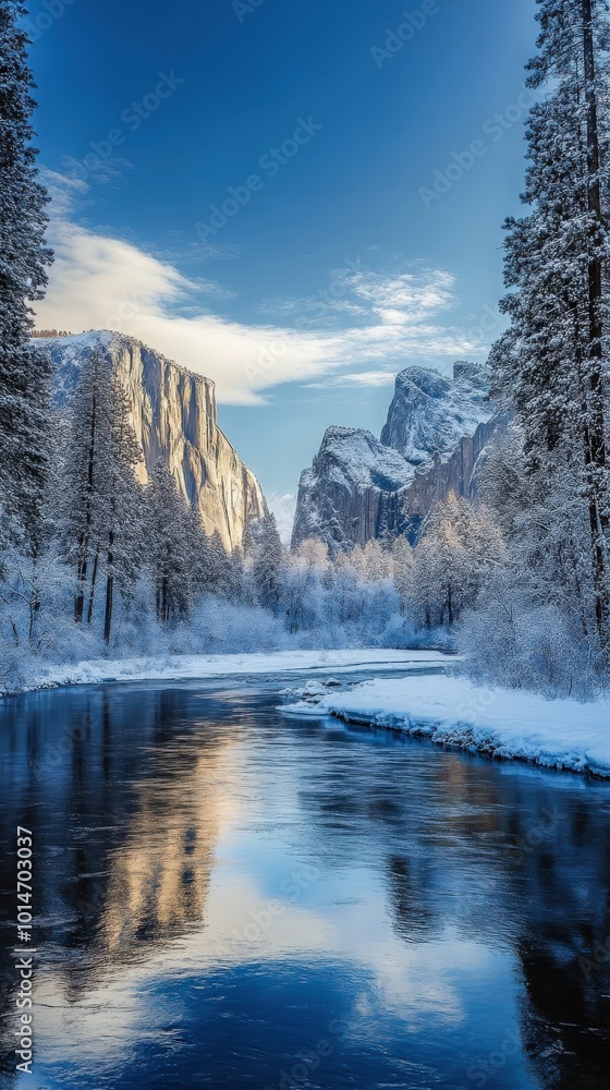 Majestic river valley with snow-covered cliffs under a clear blue sky Majestic river valley with snow-covered cliffs under a clear blue sky