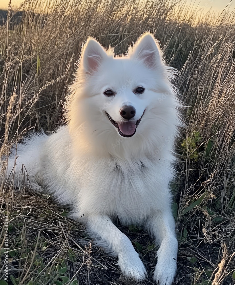 A fluffy white dog lies calmly in a field during sunset, with its fur glowing softly under the warm evening light. A fluffy white dog lies calmly in a field during sunset, with its fur glowing softly under the warm evening light.