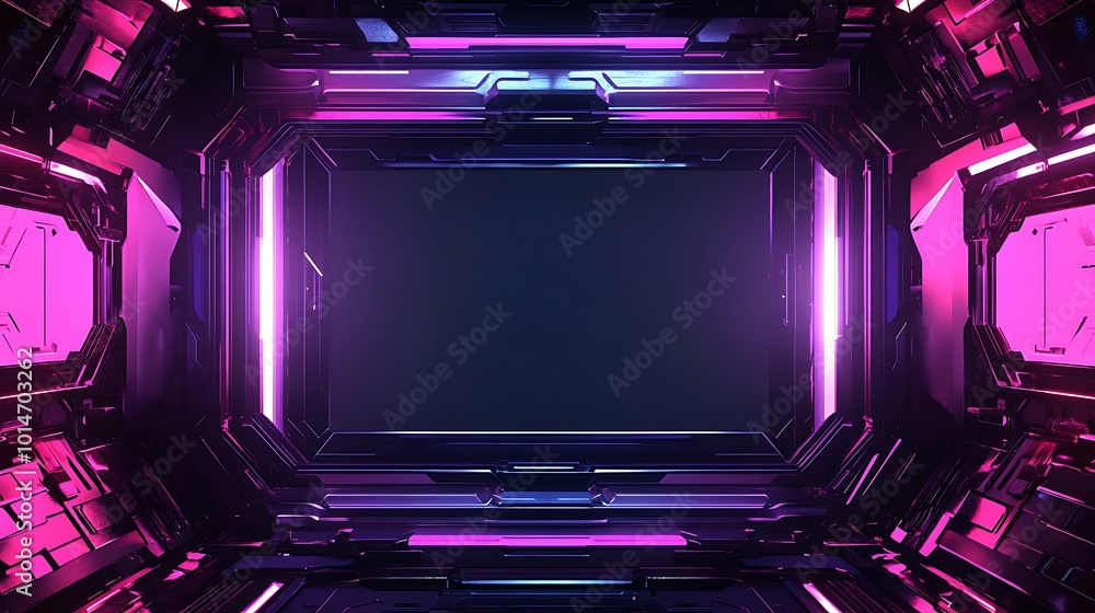 Obraz premium A futuristic, abstract, digital, neon, glowing, pink, purple, and black background with a rectangular space in the center.