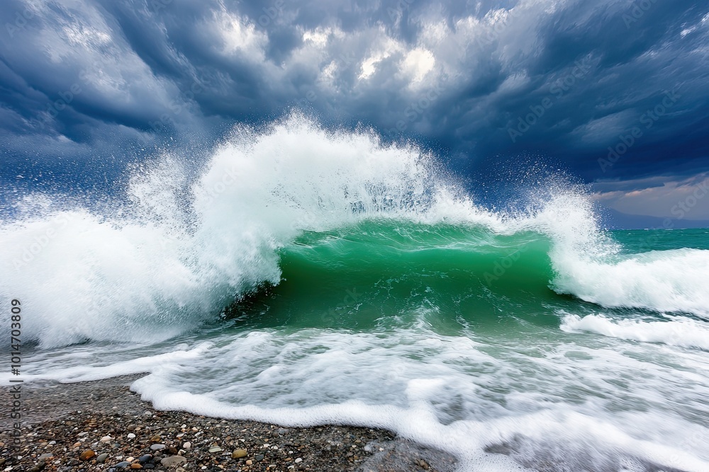Obraz premium Dramatic Waves Crash Against the Shore Under a Stormy Sky at the Black Sea in the Early Evening