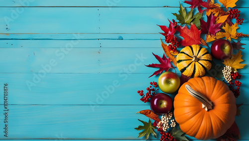  background with pumpkins on blue wooedn background with copy-space, autumn leaves, fall photo