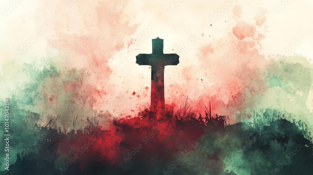 A cross is painted on a hillside with red paint A cross is painted on a hillside with red paint