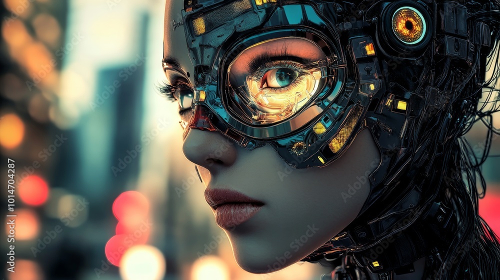 A close-up portrait of a female cyborg with a metallic face and glowing eyes, set against a blurred city background. A close-up portrait of a female cyborg with a metallic face and glowing eyes, set against a blurred city background.