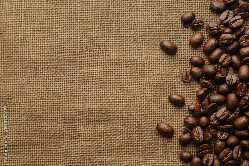 A scattering of roasted coffee beans on a textured burlap surface, with ample copy space in the upper right corner, warm tones and rustic feel A scattering of roasted coffee beans on a textured burlap surface, with ample copy space in the upper right corner, warm tones and rustic feel