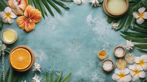 A blue background with a variety of fruits and flowers, including an orange and a white flower. The background is a nice contrast to the bright colors of the fruits and flowers