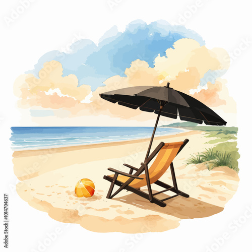 Beach chair under umbrella with beach ball