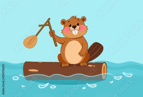 Beaver on Log with Paddle  
