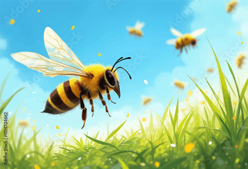 Bee Flying Over Grassy Field 
