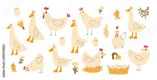 Set of chickens and geese with eggs and farm elements in a cute, whimsical style. Vector hand drawn collection illustration isolated on white background.