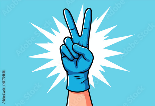 Blue Gloved Hand Making Peace Sign 
