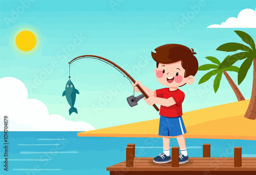 Boy Fishing From Wooden Dock on Sunny Day 
