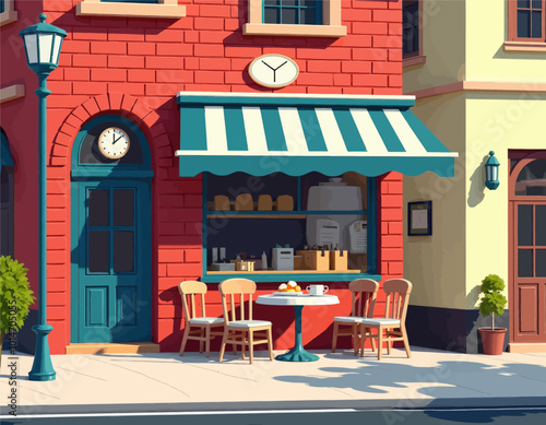 Brick Building With Striped Awning and Outdoor Seating 
