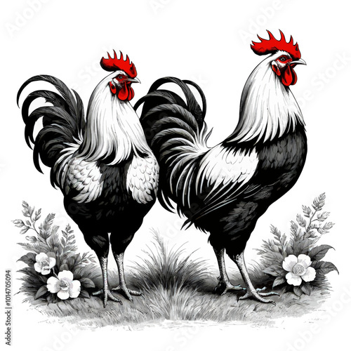 Black and White Roosters with Red Crests and Feathers in Field