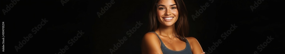 Smiling young woman with long hair posing against a dark background Smiling young woman with long hair posing against a dark background