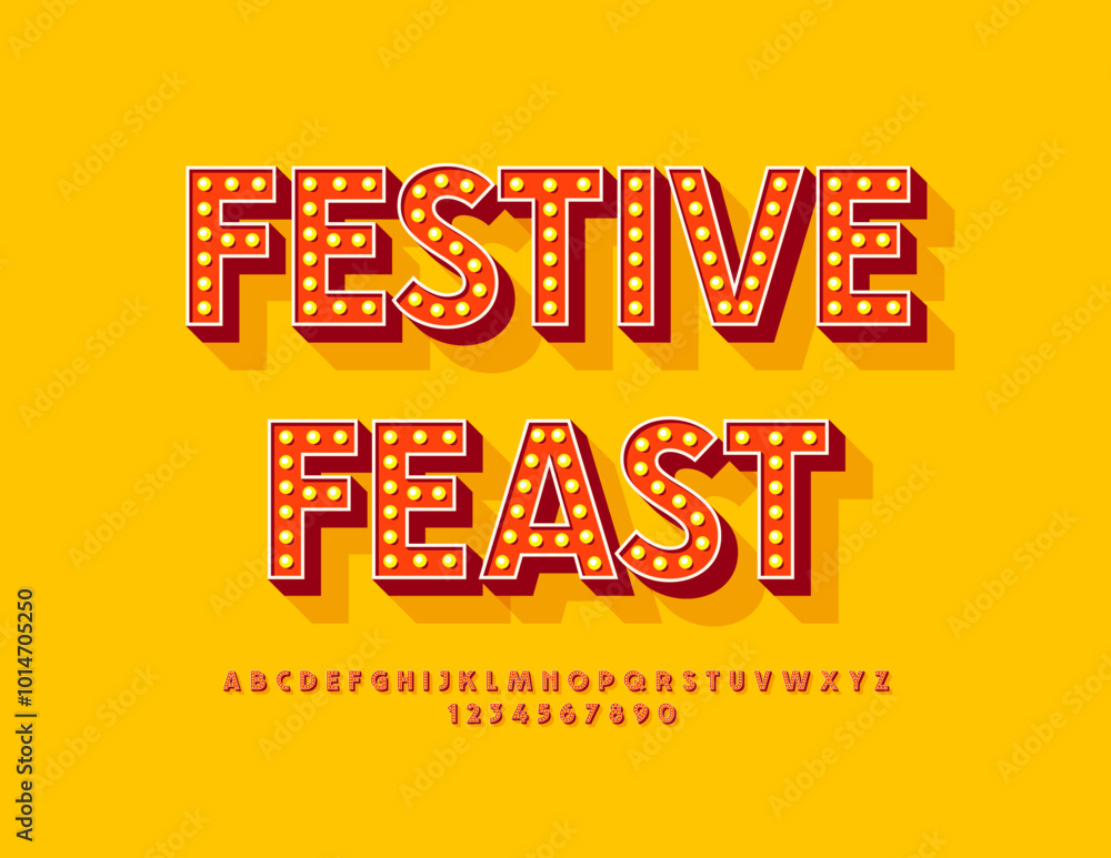 Obraz premium Vector playful flyer Festive Feast. 3D electric light bulb Font. Vintage Lamp Alphabet Letters and Numbers set.