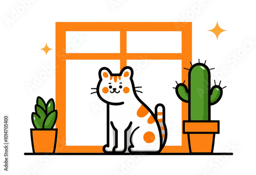 Cat by the window with cacti and succulents