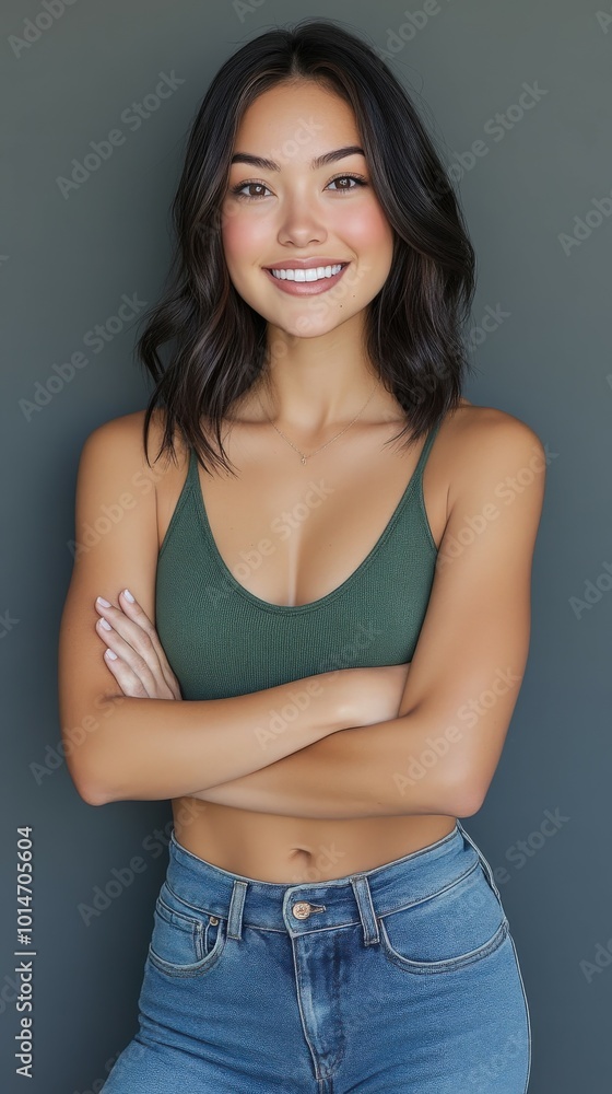 Smiling woman in casual wear with arms crossed against grey background Smiling woman in casual wear with arms crossed against grey background