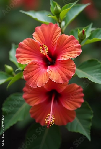 Wallpaper Mural Bright red hibiscus flowers showcase intricate petals in flourishing garden. The lush greenery creates a vibrant backdrop for their beauty. Hibiscus is large genus of plants in Malvaceae family. AI Torontodigital.ca