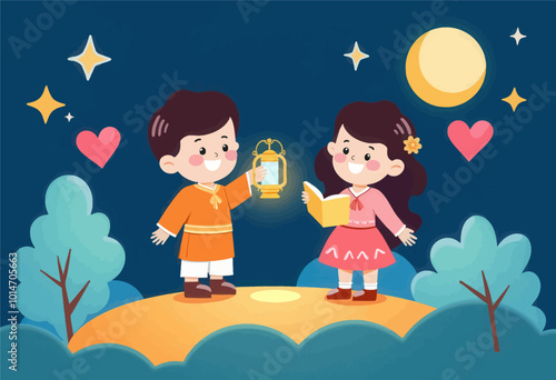 Children with Lantern and Book on Moon  
