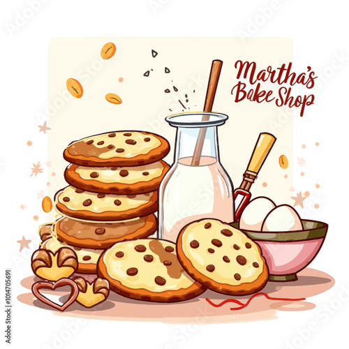 Chocolate Chip Cookies and Milk Illustration