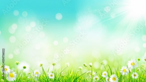 A serene landscape featuring vibrant grass and daisies under a bright sky with soft lighting.