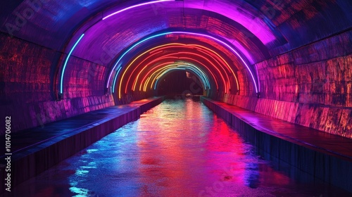 A mesmerizing night scene of a water tunnel, with vibrant colored lights illuminating the arching streams of water, creating a magical atmosphere