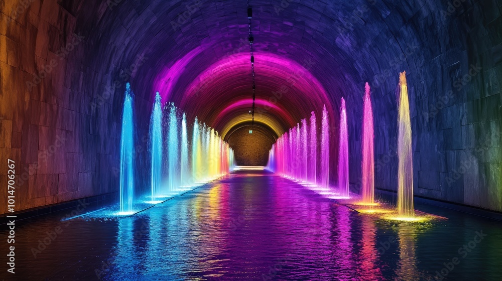 A night view of a beautiful water tunnel with multicolored LED lights illuminating the fountains, creating a mesmerizing water display A night view of a beautiful water tunnel with multicolored LED lights illuminating the fountains, creating a mesmerizing water display