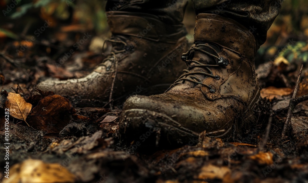 Muddy boots in autumn leaves. Muddy boots in autumn leaves.