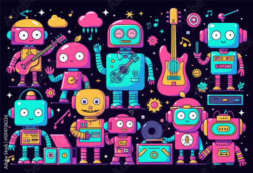 Colorful Robot Band Playing Music 
