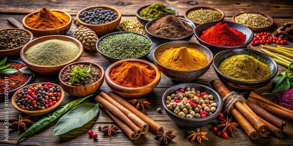 A collection of colorful and aromatic spices on a rustic wooden table , spices, herbs, seasoning, cooking, flavor, ingredients A collection of colorful and aromatic spices on a rustic wooden table , spices, herbs, seasoning, cooking, flavor, ingredients
