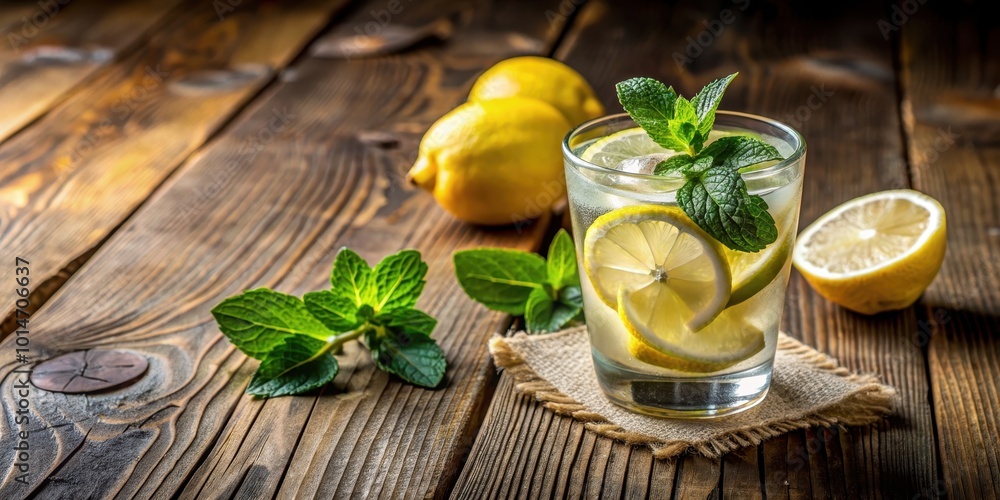 Refreshing cocktail with lemon slice and mint leaves on a wooden table, cocktail, lemon, mint, drink, refreshing, beverage, summer, citrus Refreshing cocktail with lemon slice and mint leaves on a wooden table, cocktail, lemon, mint, drink, refreshing, beverage, summer, citrus