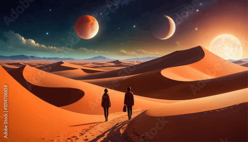 Desert Night Walk with Dual Planets and Moon