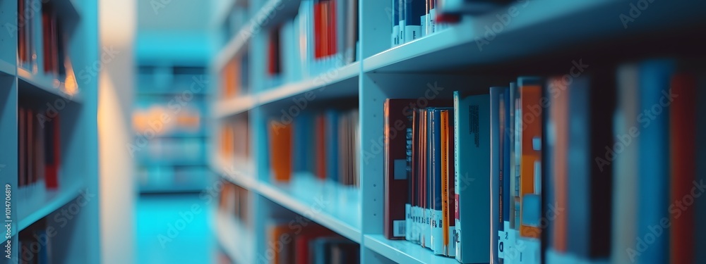 A photo of shelves in the library with books, books on white bookshelves and blue stripes A photo of shelves in the library with books, books on white bookshelves and blue stripes